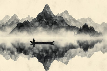 Lonely Man in Boat on Lake Against Mountains, Black and White Illustrationの素材