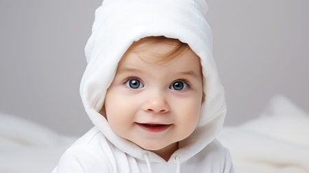 Portrait of Happy Smiling Little Baby in Cap Indoorsの素材