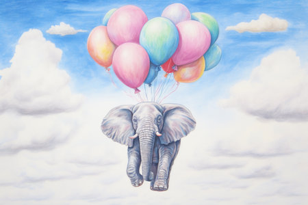 Surreal Elephant with Colorful Balloons in Air Graphicの素材