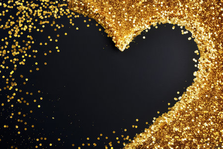 Sparkling Gold Heart on Black Background with Copy Spaceの素材