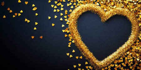 Sparkling Gold Heart on Black Background with Copy Spaceの素材