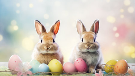Two Adorable Bunnies with Colorful Easter Eggsの素材