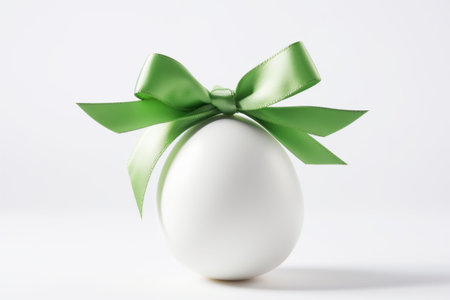 White Easter Egg with Green Elegant Bow on White Backgroundの素材