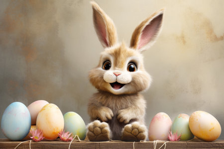 Happy Smiling Adorable Bunny with Easter Eggsの素材