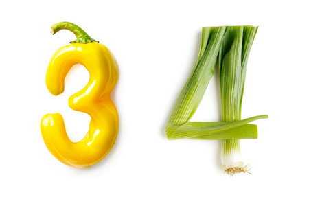Vegetables Number "3" and "4" Made of Pepper and Leek Isolated on White Backgroundの素材