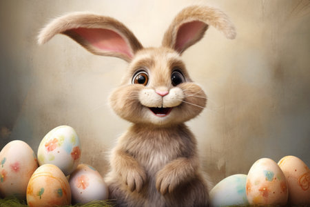 Happy Smiling Adorable Bunny with Easter Eggsの素材
