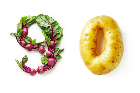 Vegetables Number "9" and "0" Made of Beetroot and Potato Isolated on White Backgroundの素材
