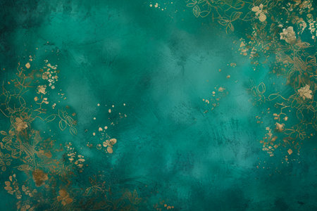 Turquoise Textured Background with Gold Floral Ornamentsの素材