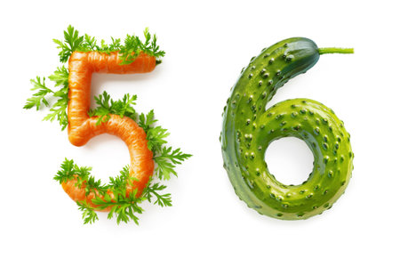Vegetables Number "5" and "6" Made of Carrot and Cucumber Isolated on White Backgroundの素材