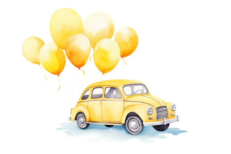 Yellow Vintage Car with Balloons Watercolor Illustration on Whiteの素材