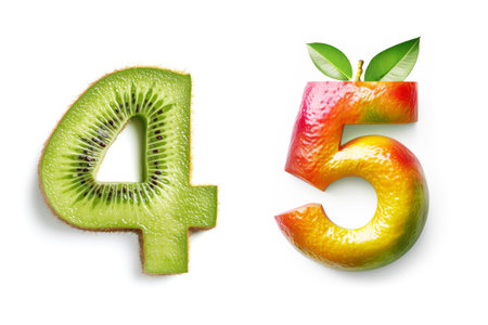 Fruits Number "4" and "5" Made of Kiwi and Mango Isolated on White Backgroundの素材