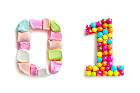 Sweets Number "0" and "1" Made of Marshmallows and Dragees Isolated on White Backgroundの素材
