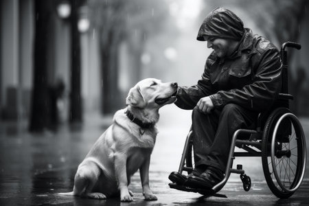 Man in Wheelchair with His Dog During Raining Weather Outsideの素材