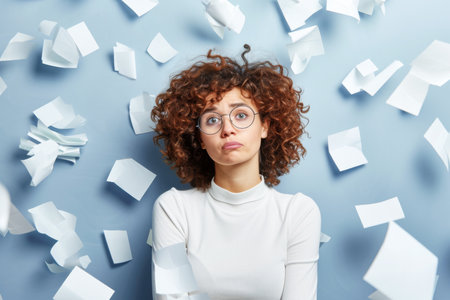 Stressed Woman in Glasses Surrounded by Flying Documentsの素材