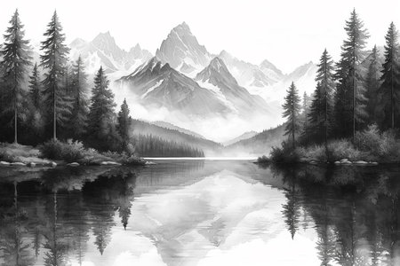 Monochrome Landscape of Lake and Mountains, Black and White Illustrationの素材