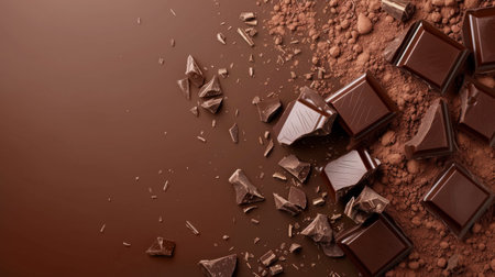 Pieces of Chocolate Bar on Brown Background with Copy Spaceの素材