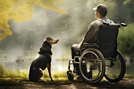 Man in Wheelchair with His Dog Resting in Parkの素材