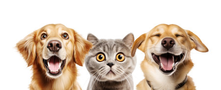 Portrait of Three Funny Animals (dogs and cat) Isolated on White and PNG Transparent Background.の素材