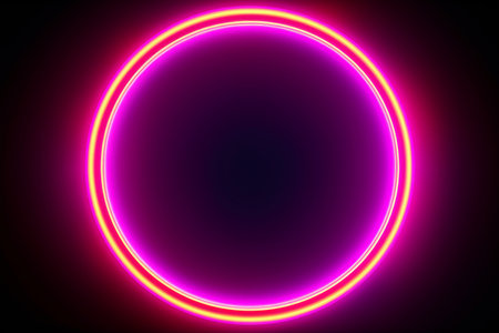 Yellow and Pink Neon Round Frame on Black Backgroundの素材