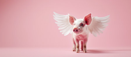 Pig with Wings on Pink Background Banner with Copy Spaceの素材