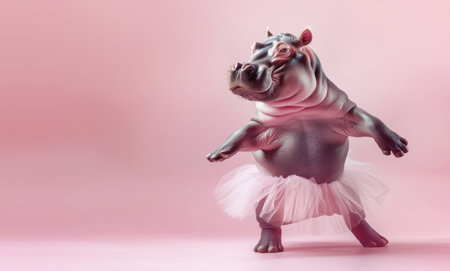 Hippo in Ballerina Skirt Dancing on Pink Background with Copy Spaceの素材