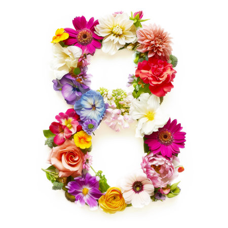 Number 8 Made of Colorful Flowers Isolated on White Backgroundの素材