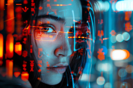 Woman Portrait with Technology Futuristic Visual Effectsの素材