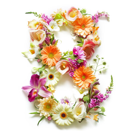 Number 8 Made of Colorful Flowers Isolated on White Backgroundの素材