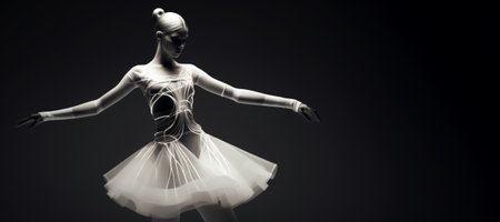 Woman Ballet Dancer Wearing Futuristic Technology Clothes on Black Background in Black and White Bannerの素材