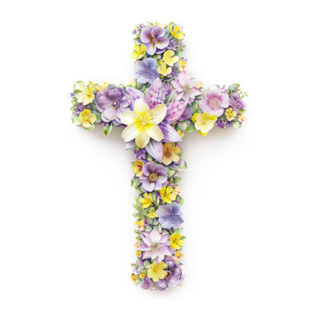 Christian Cross Decorated with Flowers Isolated on White Backgroundの素材