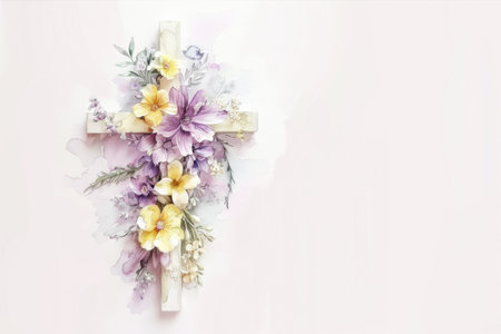 Christian Cross Decorated with Flowers Watercolor Background with Copy Spaceの素材