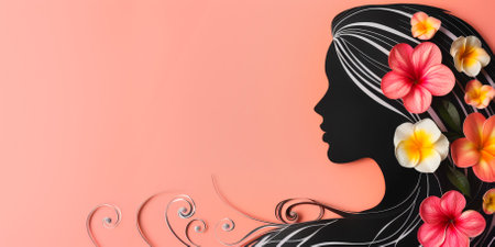 Woman Profile with Flowers Paper Cut Style Banner with Copy Spaceの素材