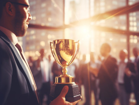 Businessman Holding Gold Trophy. Concept of success and achievement Office Teamの素材