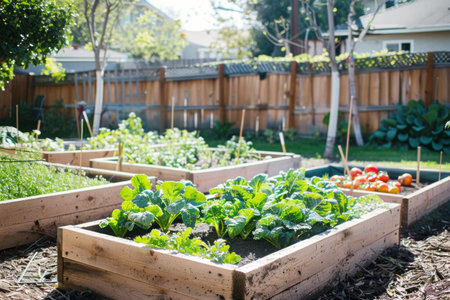 Wooden Beds in Garden with Fresh Vegetablesの素材