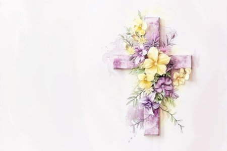 Christian Cross Decorated with Flowers Watercolor Background with Copy Spaceの素材
