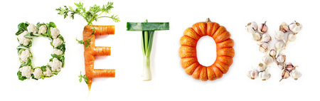Vegetable Word Detox (Made of Couliflower, Carrot, Leek, Pumpkin, Garlic) Isolated on White Backgroundの素材
