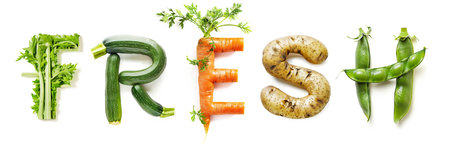 Vegetable Word Fresh (Made of Celery, Zucchini, Carrot, Potato, Bean) Isolated on White Backgroundの素材