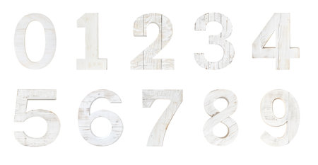 White 3D Wooden Numbers Set Isolated on White and PNG Transparent Backgroundの素材