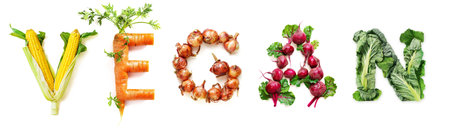 Vegetable Word Vegan (Made of Corn, Carrot, Onion, Beetroot, Cabbage ) Isolated on White Backgroundの素材