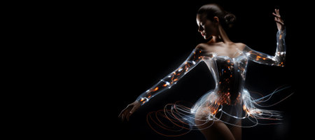 Woman Dancer Wearing Futuristic Technology Clothes on Black Background Bannerの素材