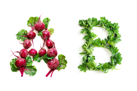 Vegetable Letters "A" and "B" Made of Beet Root and Parsley Isolated on White Backgroundの素材