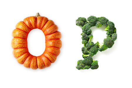 Vegetable Letters "O" and "P" Made of Pumpkin and Broccoli Isolated on White Backgroundの素材