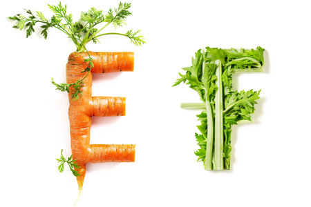 Vegetable Letters "E" and "F" Made of Carrot and Celery Isolated on White Backgroundの素材