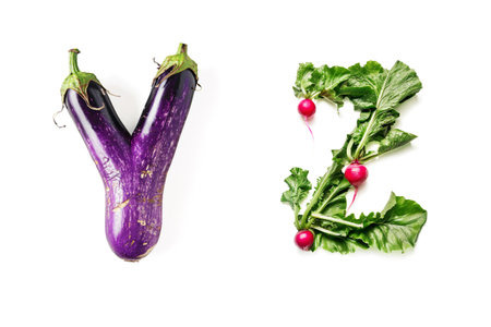 Vegetable Letters "Y" and "Z" Made of Aubergine and Radish Isolated on White Backgroundの素材