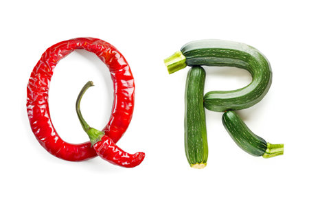 Vegetable Letters "Q" and "R" Made of Red Chili Pepper and Zucchini Isolated on White Backgroundの素材