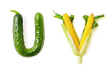 Vegetable Letters "U" and "V" Made of Cucumber and Corn Isolated on White Backgroundの素材