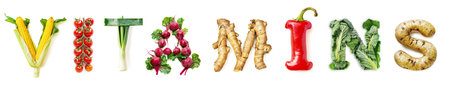 Vegetable Word Vitamins (Made of Corn, Cherry, Leek, Beetroot, Ginger, Red Pepper, Cabbage, Potato) Isolated on White Backgroundの素材