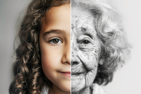 Half Young Girl and Half Old Woman Concept of Aging in Black and Whiteの素材