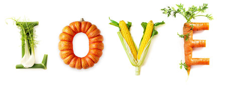 Vegetable Word Love (Made of Fennel, Pumpkin, Corn, Carrot) Isolated on White Backgroundの素材