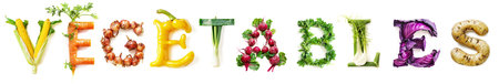 Vegetable Word Vegetables (Made of Corn, Carrot, Onion, Yellow Pepper, Leek, Beetroot, Parsley, Celery, Red Cabbage, Patato ) Isolated on White Backgroundの素材